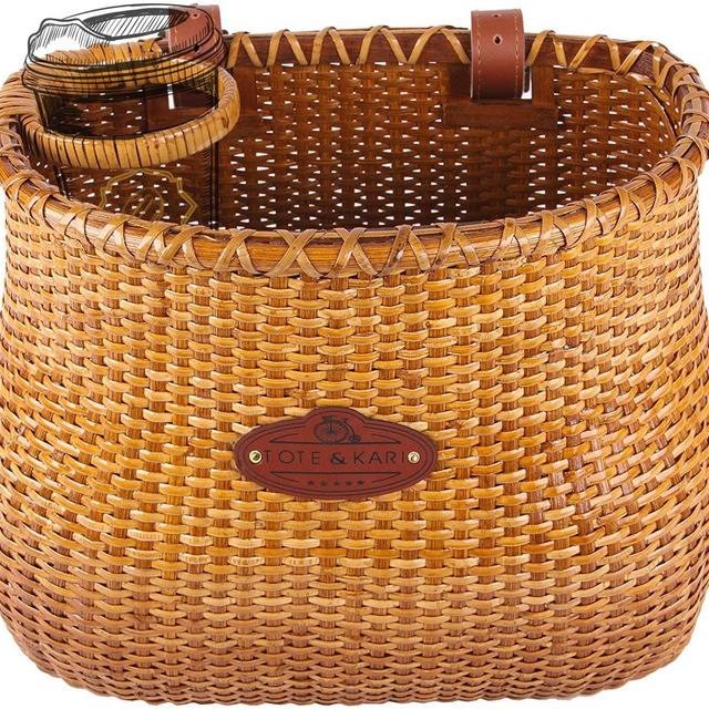 Tote Kari Bike Basket for Women Beach Cruiser or Scooter The Original Wicker Bicycle Baskets with Built in Cup Holder for Front Handlebar-Classic Vintage Style Handmade Natural Rattan Wicker