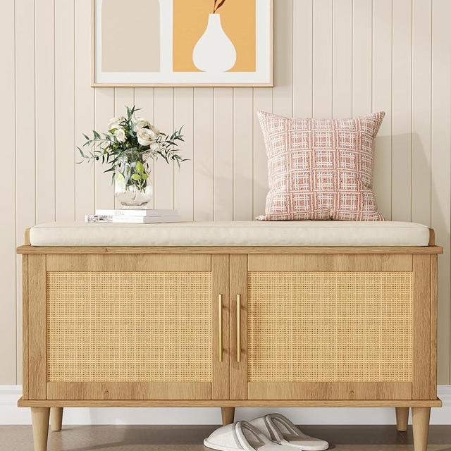 Akxomel Natural Rattan Shoe Storage Bench with Cushion, Entryway Shoe Cabinet Bench with 2 Doors, 14.2"D x 39.4"W x 20"H, Wooden Shoe Organizer, Adjustable Shelf, Solid Wood Legs, for Hallway, Bedroom