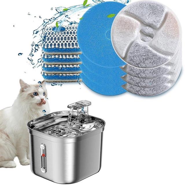 Homtyler Cat Water Fountain and 4 Pack Cat Fountain Filters Replacement, Stainless Steel Pet Water Fountain for Cats Inside Ultra-Quiet Pump, 2.2L/73oz Automatic Dog Dispenser Water Bowl