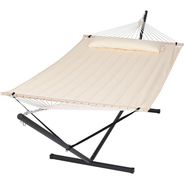 SUNCREAT Hammocks Extra Large Double Hammock with 12 ft Stand, 475lbs Capacity, Outdoor Portable Hammock with Hardwood Spreader Bar, Extra Large Pillow, Beige