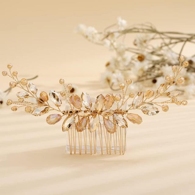 Teyglen Bridal Champagne Rhinestone Crystal Hair Comb Headband Handmade Wedding Hair Pieces for Bride Floral Headpieces Hair Accessories for Women Girls (Champagne)