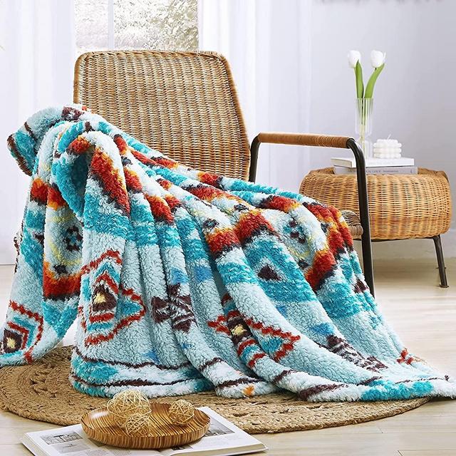 CASAAGUSTO Boho Sherpa Throw Blanket, Aztec Throw Blanket, Ultra Soft, Warm, Cozy, Plush, Thick Fleece Bohemian Throw Blanket for Couch, Bed, Sofa (Teal 50*60 Inch)