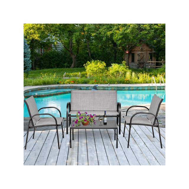 Costway 4 PCS Patio Furniture Set Sofa Coffee Table Steel Frame Garden Deck Gray