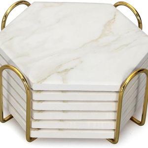 Beige - 6Pcs White Marble Coaster Set with Holder Hexagon Ceramic Coasters Absorbent Coasters Drink Coasters Set for Coffee Table Bar Coasters Wine Coasters Modern Coasters Beer Coasters Cup Coasters