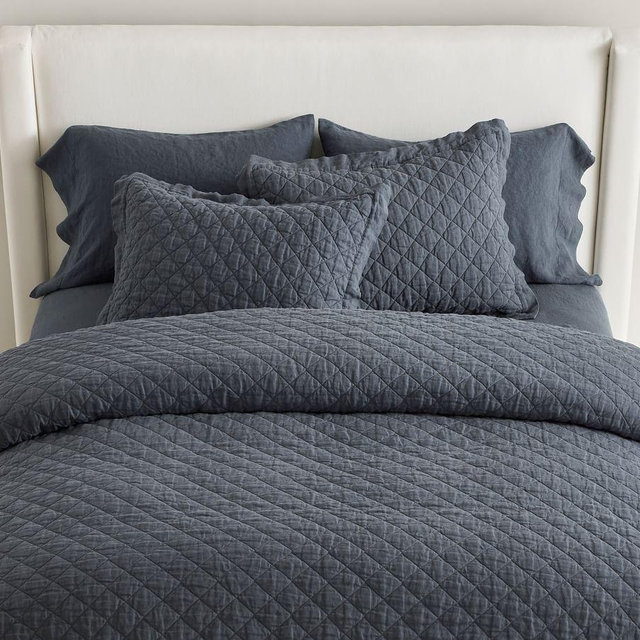Belgian Flax Linen Diamond Quilt, King/Cal. King, Steel Blue
