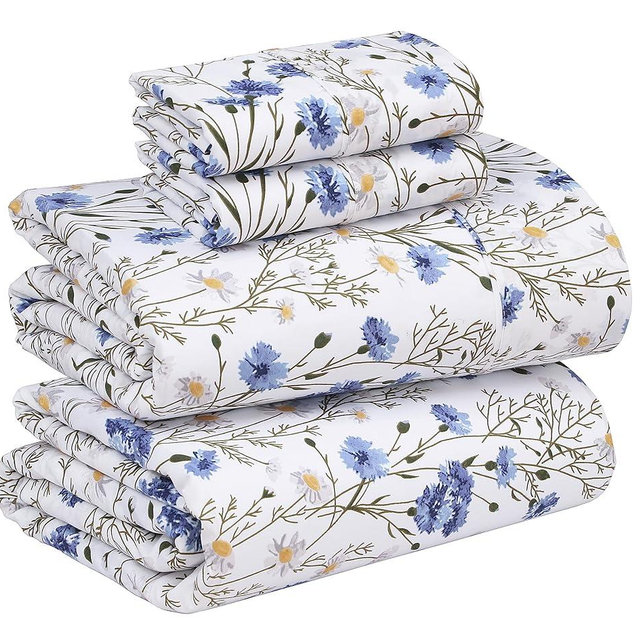RUVANTI 100% Cotton California King Sheet Sets, 4 Pieces, Soft & Breathable Percale Weave Bedding, Deep Pocket 14", Hotel Standard, Crisp Cool Feel & Durable, Perfect Floral Sheets, Sweet Pea