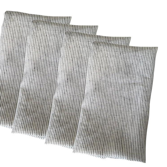Linen Napkins – 100% French Flax – Stonewashed Pure Linen Cloth Napkins – Mitered Corners – Set of 4 (Black Pinstripe)