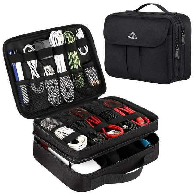 MATEIN Electronics Organizer, Waterproof Travel Electronic Accessories Case Portable Double Layer Cable Storage Bag for Cord, Charger, Power Bank, Flash Drive, Phone, Tablet, SD Card, Tablet, Black