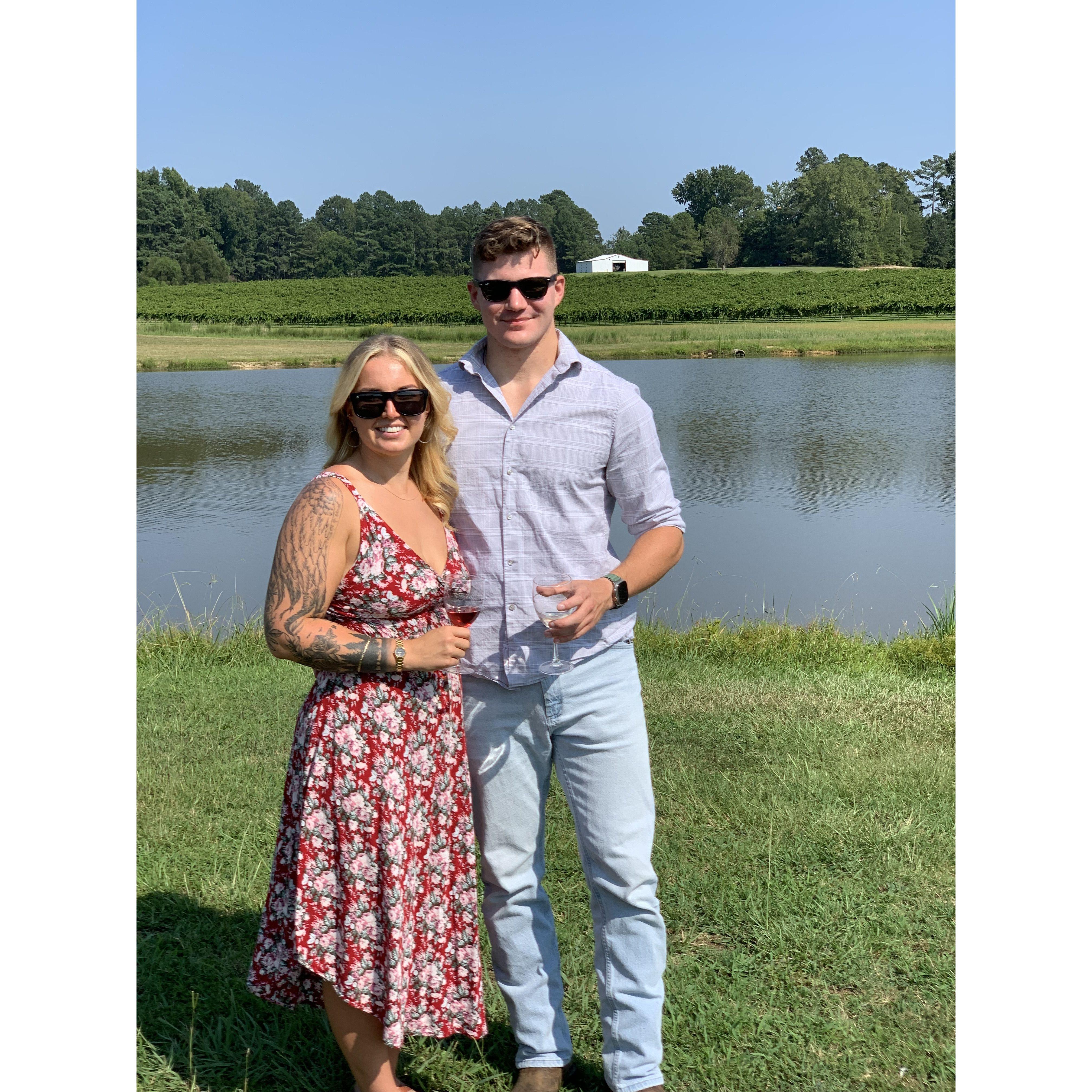 August 2023: One of our first dates to our favorite vineyard, Gregory Vineyards, who's wine will be featured at our wedding.