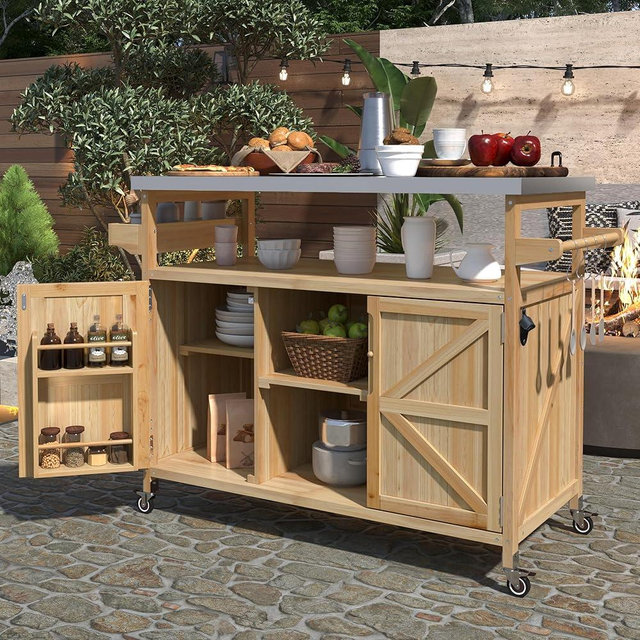 50.25" W Grill Cart with Stainless Steel Tabletop - Outdoor Storage Cabinet for BBQ, Bar Patio Kitchen Island with Ample Storage and Lockable Wheels