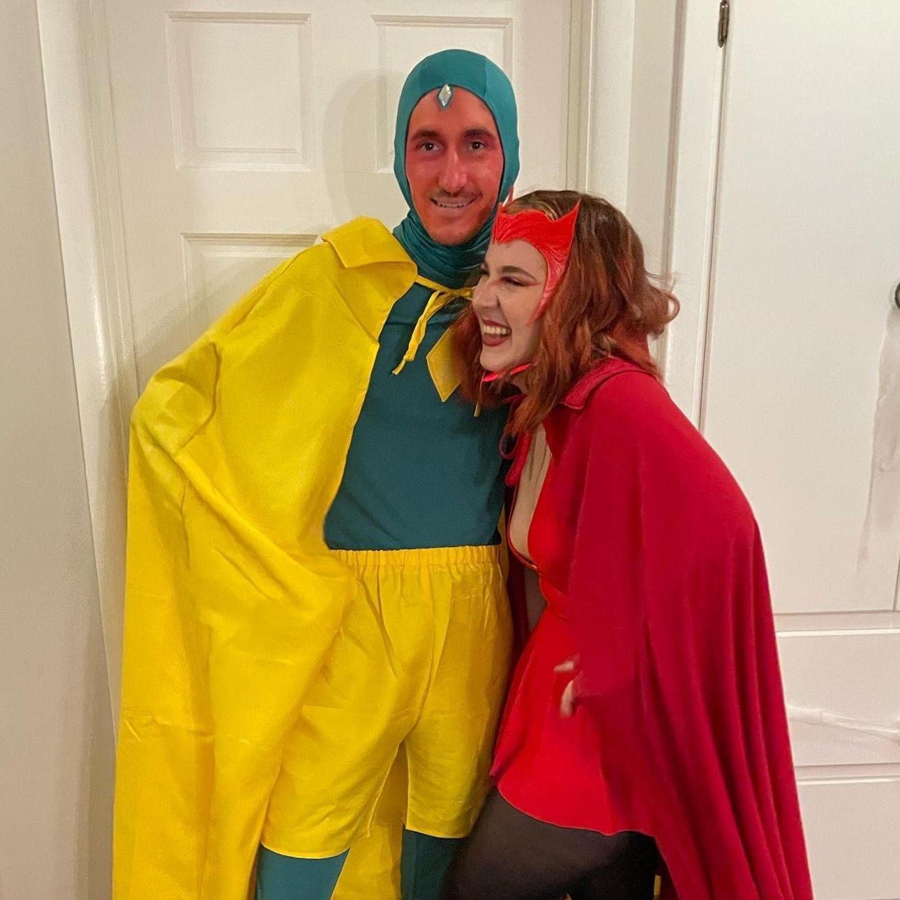 Matthew's love of Marvel comes back to bite him when Liz tells him his Halloween costume will involve red face paint and spandex. Here are the lovebirds dressed as Wanda and Vision from the MCU.
