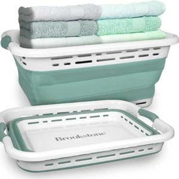 BROOKSTONE 11 GALLON XL 24" Collapsible Laundry Basket & Clothes Hamper, Comfort Non-Slip Handles, Modern Laundry Hamper with Space Saving Design, Portable Pop-Up Hamper, BPA FREE, Mint, 1 Pack