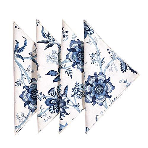 Cloth Napkins Table Linens Dinner Napkins 18”x18" White & Blue Cotton Floral Fabric Set of 4