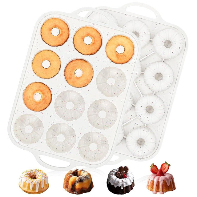 Vinino 2 Pcs Silicone Mini Fluted Tube Cake Pans with Metal Reinforced Frame, 12-Cavity Mini Flan Molds, Non-stick Cupcakes Pans for Baking, Donuts, Muffins, Cornbread, Brownies, Jellies