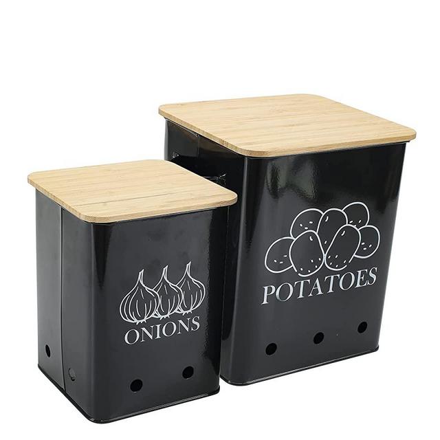 Xbopetda Potato Onion Storage Bin, Kitchen Storage Canister Set of 2, Kitchen Pantry Organizer Tin - Vegetable Fresh Keeper with Aerating Tin Storage Holes & Wooden Lid (Black)