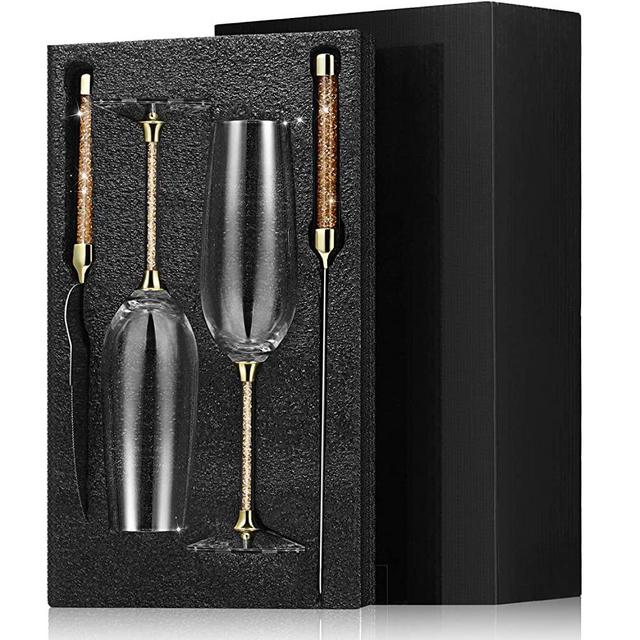 4 Piece Wedding Toasting Flutes and Cake Server Set Glittering Bead Wedding Reception Supplies Including 2 Champagne Glasses, 1 Cake Knife and 1 Pie Server (Gold)