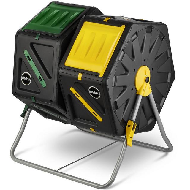 Miracle-Gro Dual Chamber Compost Tumbler (2 x 18.5 Gal./70 L) Outdoor Bin w/ Easy-Turn System Gardening Gloves Included