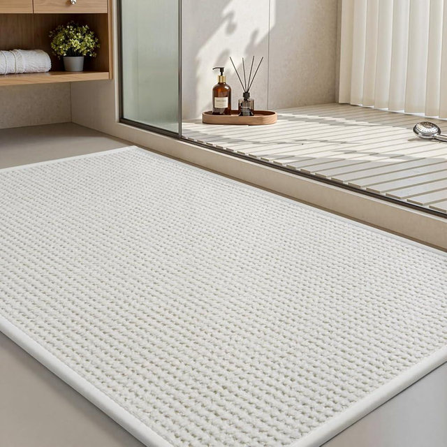 MontVoo Bath Mat,Chenille Absorbent Bathroom Mat Quick Dry Rubber Backed Bathroom Rugs Non Slip Washable Bath Mats,Ultra Thin Bathroom Rugs Fit Under Door,17"x24",White