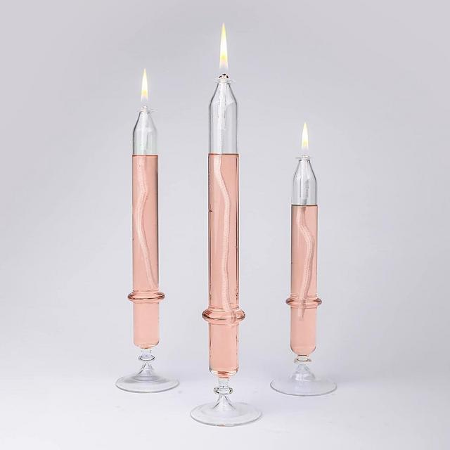 Handmade Glass Oil, Candles for Church, Glass Taper Candle Holder, Refillable Oil Candles Glass Candlestick Holders, Reusable Candle for Dining Room Table Decor, Unscented Candle Gift Set (AWE,Rose)