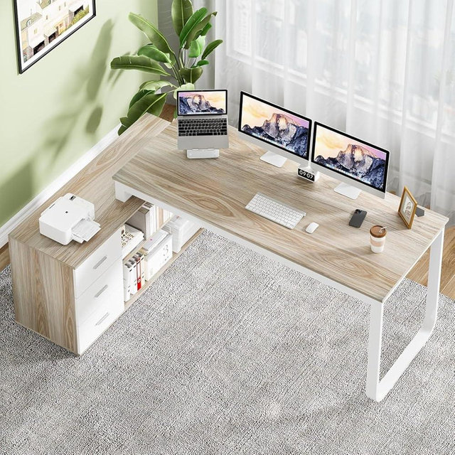 HOMBCK L Shaped Desk with Drawers and Shelves, 55" Office Desk with Storage, Removable Monitor Stand, Reversible L Shaped Desk, Corner Desk for Bedroom,Home Office, White & Walnut
