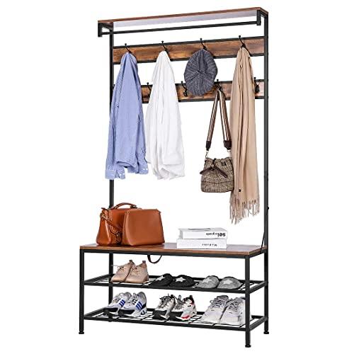 VIVOHOME 5-in-1 Entryway Hall Tree, Industrial Stand Organizer with Shoe Bench, Vintage MDF Wood Furniture with Stable Metal Frame