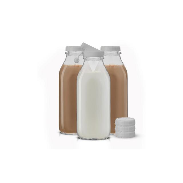 JoyJolt Reusable Glass Milk Bottle with Lid & Pourer - 32 oz Water or Juice Bottles with Caps - Set of 3