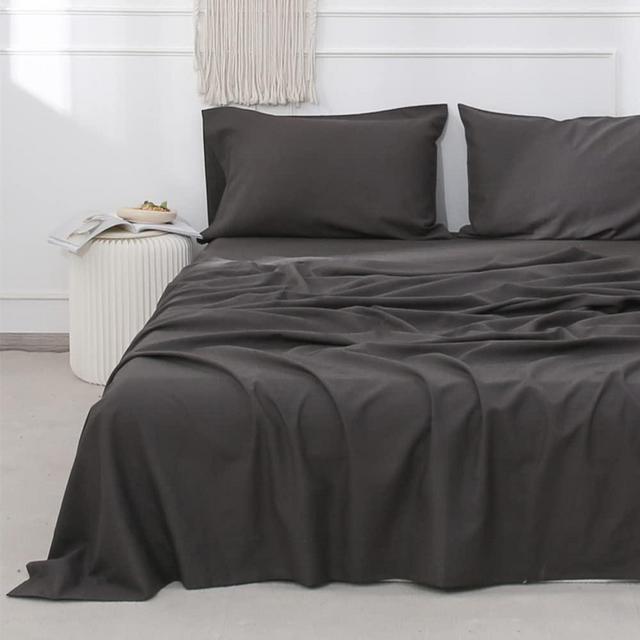 Simple&Opulence Belgian Linen Sheet Set Solid Color - 4 Pieces (1 Flat Sheet & 1 Fitted Sheet & 2 Pillowcases) Natural Flax Cotton Blend Soft Bedding Breathable Farmhouse - Dark Grey, King Size