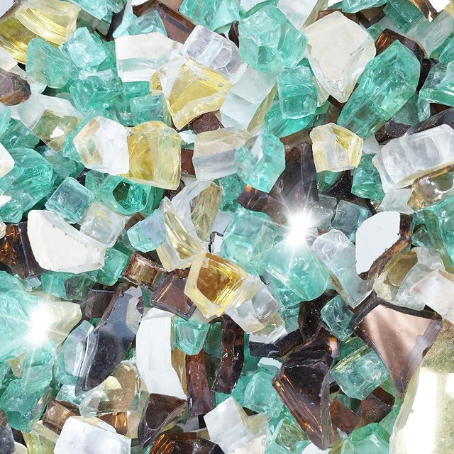 Kleuete 10 Pound 1/2 Inch Crushed Fire Glass for Natural or Propane Fire Pit Fireplace and Landscaping, 10 Pounds Golden,Copper, Light Green