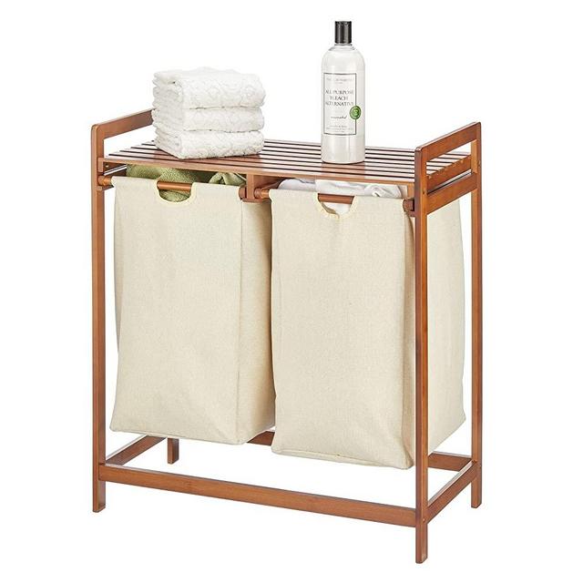mDesign Large Freestanding Portable Bamboo Double Laundry Basket Hamper Organizer - Easy Carry Removable Storage Sorter Bag with Handle for Folding Clothes, Space Saving Laundry Hamper, Vintage Finish