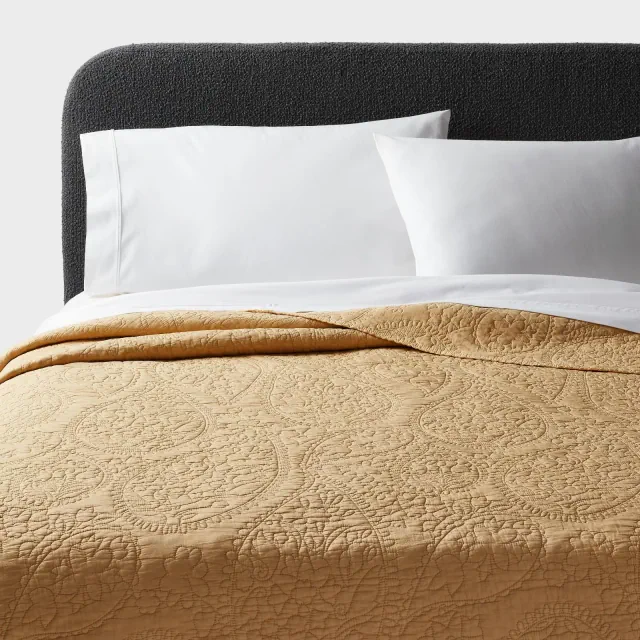King Garment Washed Paisley Stitch Quilt Wheat - Threshold™: Microfiber Coverlet, Year Round Comfort, OEKO-TEX Certified