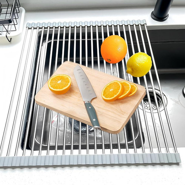 Sayehuanye Roll Up Dish Drying Rack, 19.7" x 15.8" Over The Sink Dish Drying Rack, Kitchen Dish Rack Foldable Dish Drainer, Stainless Steel Dish Drying Rack for Kitchen Sink Counter Storage (Grey)