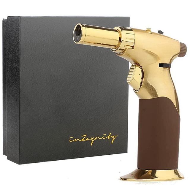 Powerful DUAL Flame Style+Triple Adjustable Flame Size in One Hand Butane Torch Refillable Culinary Kitchen Torch,Continuous Flame Lock,Soldering,Cooking,BBQ,Crème Brulee,Welding,Resin-GOLD