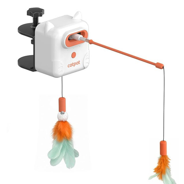 CATPAT Interactive Cat Toys for Indoor Cats, Automatic Feather Cat Toy with 3 Play Modes, Clip-On Cat Teaser Wand with Retractable Feather Catnip Bell, Self Play Toy for Tables, Chairs and Cat Trees