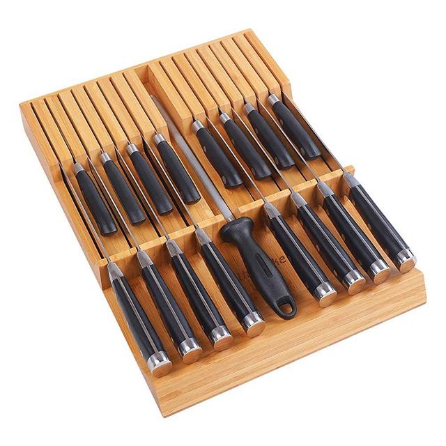 Utoplike in-Drawer Knife Block Bamboo Kitchen Knife Drawer Organizer,Large Handle Steak Knife Holder Without Knives, fit for 16 Knives and 1 Sharpening Steel (16 Knife Organizer)