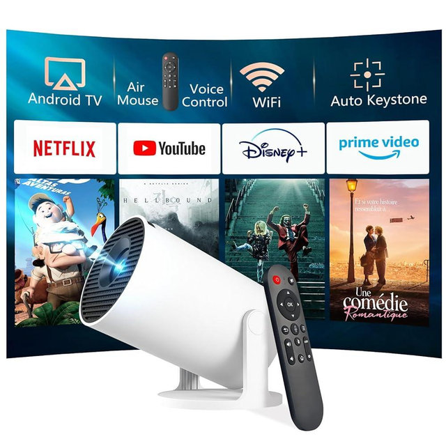 JREN Mini Android Projector Portable with WiFi and Bluetooth, Smart Projector with Auto Keystone, Outdoor Movie Projector for Bedroom Ceiling, Short Throw Roku Projector Home Theatre