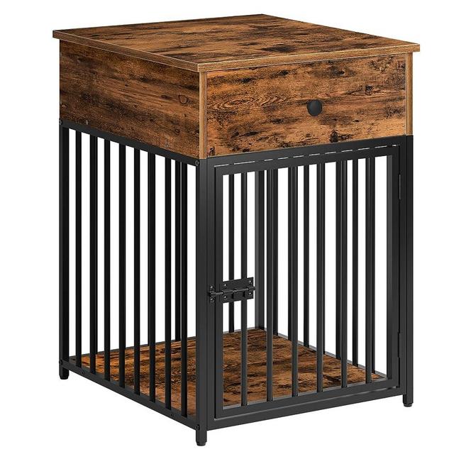 HOOBRO Dog Crate Furniture, Wooden Dog House, Decorative Dog Kennel with Drawer, Indoor Pet Crate End Table for Small Dog, Steel-Tube Dog Cage, Chew-Proof, Rustic Brown and Black BF01GW03