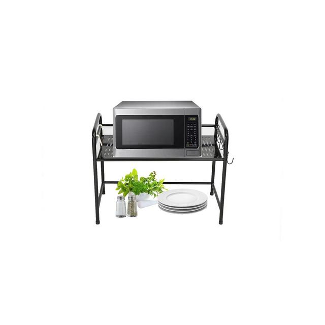 Mind Reader Microwave Oven Rack Shelf Unit with 6 Hooks for Kitchen Utensils, Towels, Mits, and More