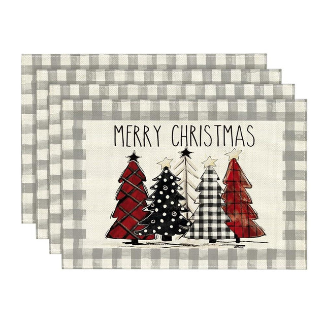 Artoid Mode Watercolor Grey Buffalo Plaid Christmas Trees Placemats Set of 4, 12x18 Inch Winter Table Mats for Party Kitchen Dining Decoration