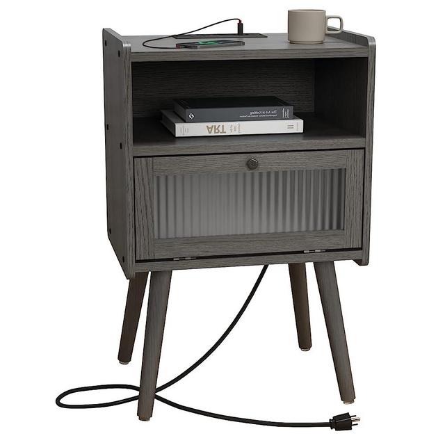 SOOWERY Mid Century Modern Nightstand with Charging Station, Bedside Tables with Glass Door, End Table Side Table with 2 Tiers Storage Space, for Bedroom, Living Room, Grey
