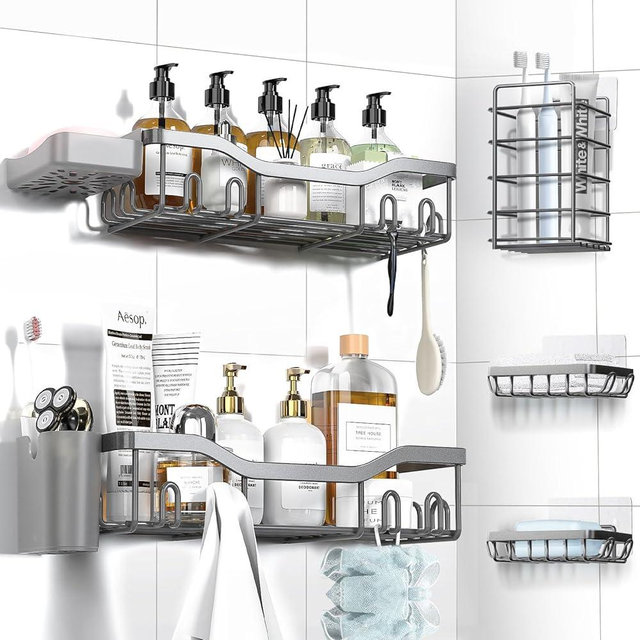 NESOMI Shower Caddy Adhesive Shower Organizer 7-Pack, Rustproof Stainless Steel Bathroom Shelves, Large Capacity No-Drill Rack Storage Accessories with Soap Dish Toothbrush Holder Hooks (Gray)