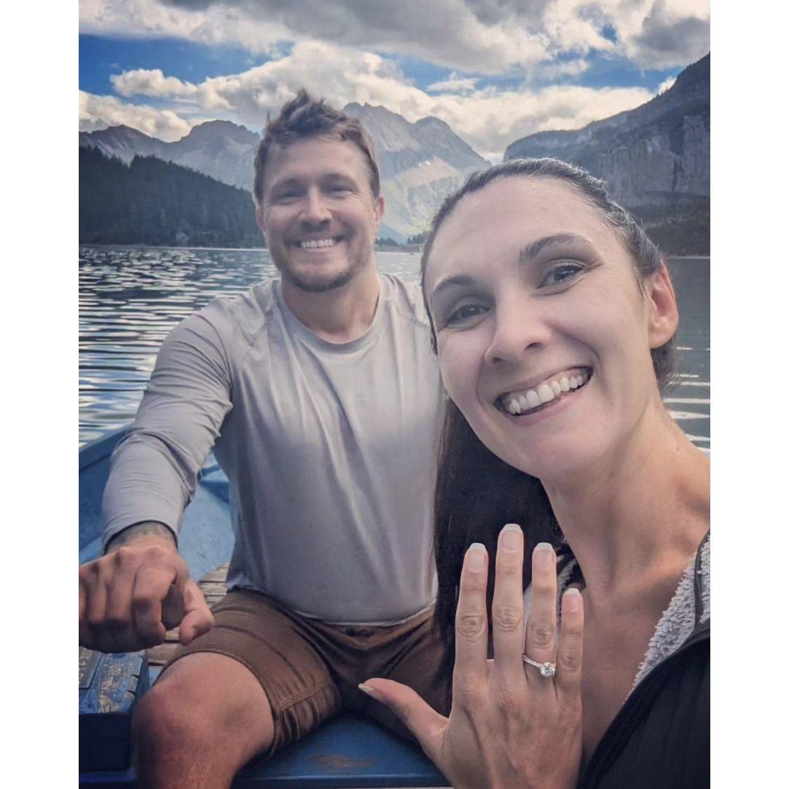 The day we got engaged in Switzerland.  We had just hiked to Lake Oeschinesee after a night in a hut on top of a mountain. Andrew proposed on a rowboat with the most beautiful scenery.