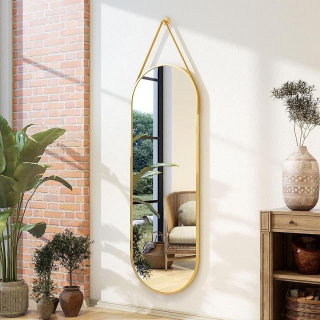 XRAMFY 16"x48" Gold Arched Full Length Mirror - Modern Aluminum Frame with Hanging Leather Cord - Ideal for Bathroom, Vanity, Living Room, Bedroom, and Entrance Décor - Hanging Floor Mirror