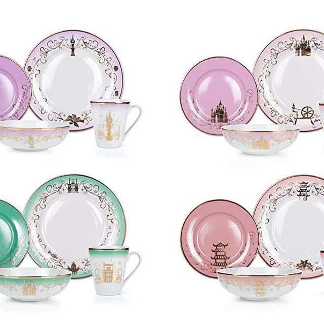 Disney Themed Dinnerware Set - 16 Ceramic Dishes, 4 Place Settings | Collection 2 | Featuring Princesses Tiana, Rapunzel, Aurora, and Mulan | Colorful Dinner & Dessert Plates, Bowl & Mug