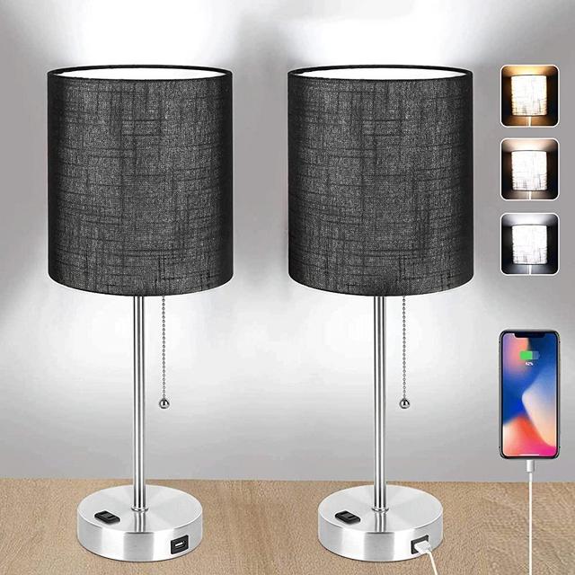Set of 2 Bedside Lamp, 2700K-5000K USB Table Lamp with Pull Chain, Nightstand lamp with USB Port & AC Outlet, Desk Lamps for Bedrooms, 2 Bulbs Included, Black Fabric Shade