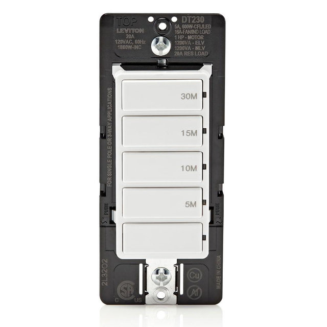 Leviton Countdown Switch for bathroom household lights, 5-10-15-30 min, Neutral Wire Required, 20A, 1HP/16A Fan/Motor, Single Pole, Multi-Way or Multi-Timer, DT230-1LW, White
