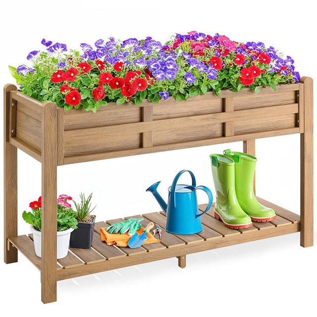 ONBRILL 45"x18"x29" HDPS Raised Garden Bed, Outdoor Elevated Planter Box with Legs/Storage Shelf/Drainage Holes, Weather-Proof Planters for Vegetables, Flowers, Herb, 350+110LBS Weight Capacity,Teak