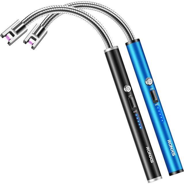 RONXS Lighter Electric Lighter Rechargeable Arc USB Candle Lighters with LED Battery Display, Flexible Neck Windproof Flameless Plasma Long Lighters for Candle BBQ Camping (K-Black&Blue)