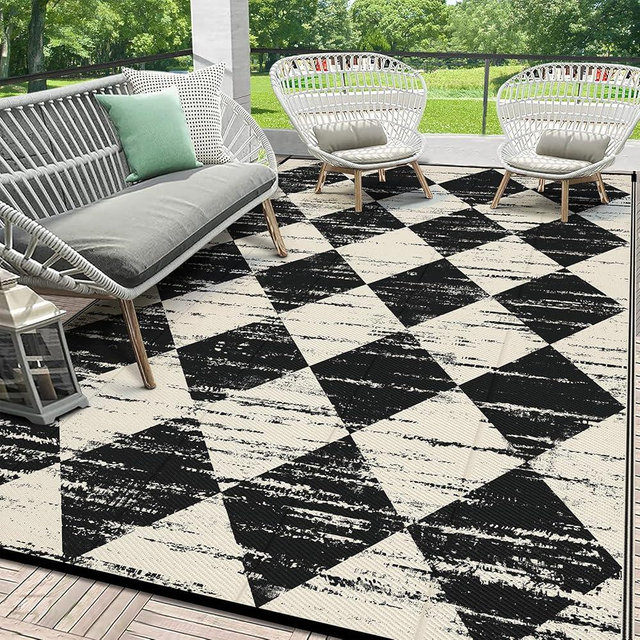 HEBE Checkered Outdoor Rug Waterproof 6x9, Reversible Plastic Straw Rug RV Camping Rug, Indoor Outdoor Patio Mat Clearance, Outside Carpet for Porch, Deck, Camper, Balcony, Backyard, Picnic