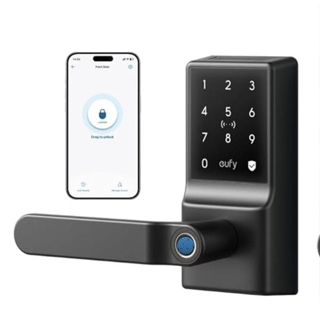 eufy Security Smart Lock C33, Keypad Door Lock with Handle, Fingerprint Door Knob, Keyless Entry Door Lock for Front Door and Bedrooms, Electronic Deadbolt, Wi-Fi, App Control, IP53 Waterproof, Black
