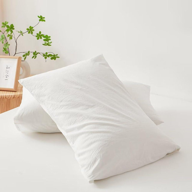 XINMIANFANG 100% Washed Cotton Pillowcases Linen Feel Natural Wrinkle Pillow Shams Set of 2 Comfy Breathable Durable (White, Standard)